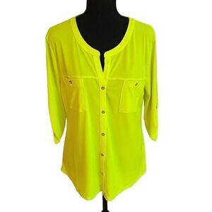 Ellen Tracy Womens Yellow Tab Sleeves Button Front Blouse Large